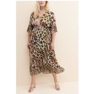 Blnk London Zadie Leopard Wrap Maxi Dress Multicolor Flounce Sleeve Petite L NEW